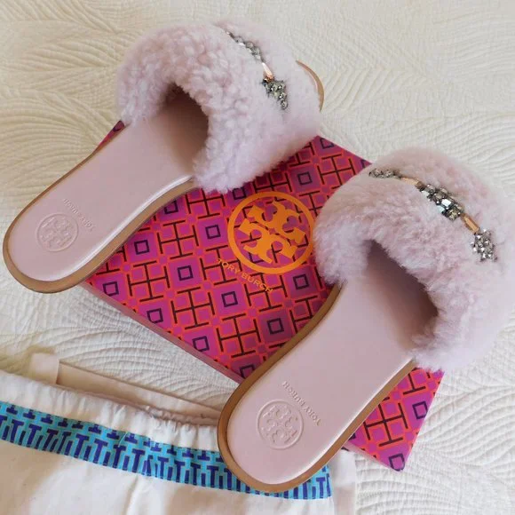 New Tory Burch Aspen Shearling sandals Sea Shell pink crystal embellished slides - Picture 14 of 16